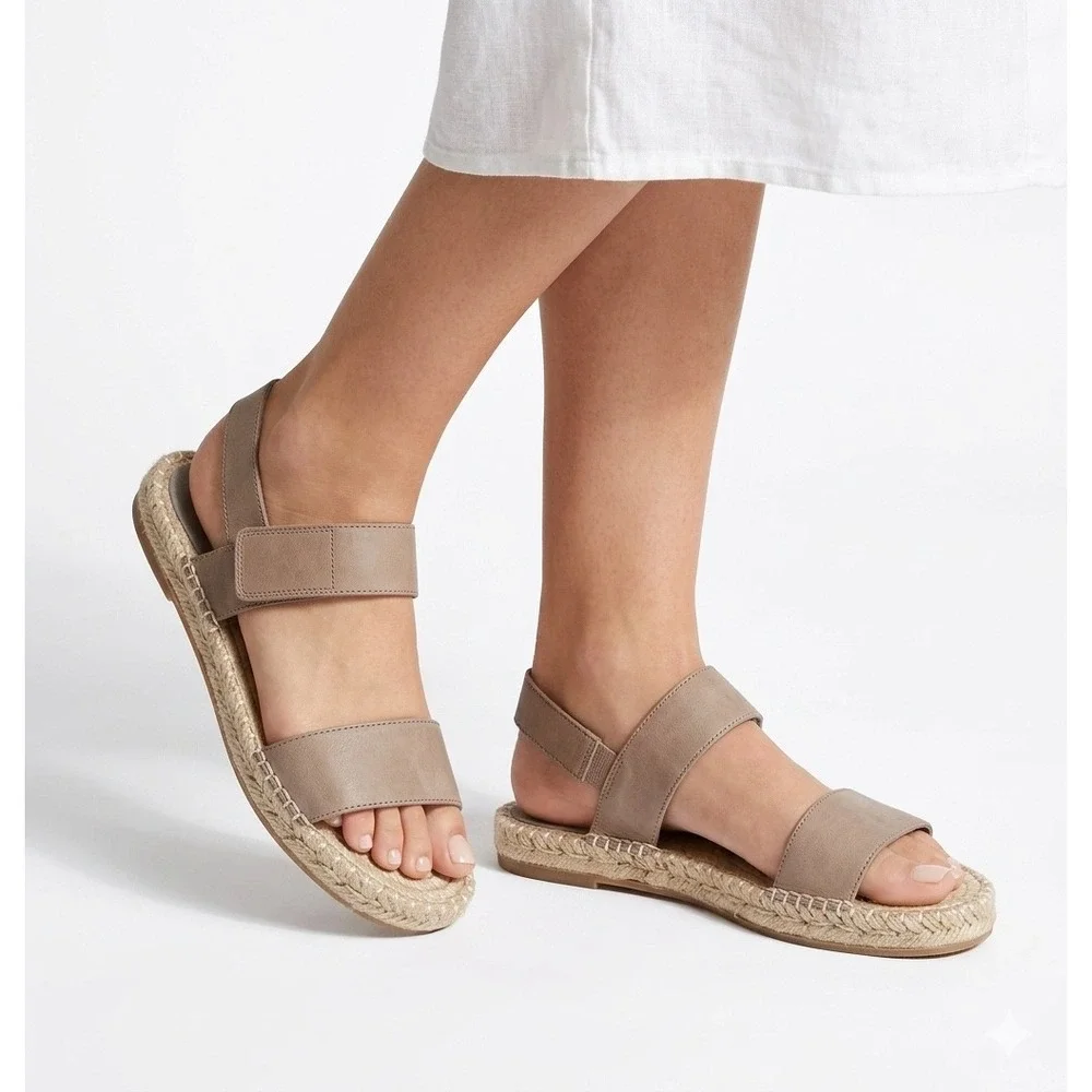 Eileen Fisher Taupe Leather Espadrille Flat‎ Sandals Size 6 Open Toe